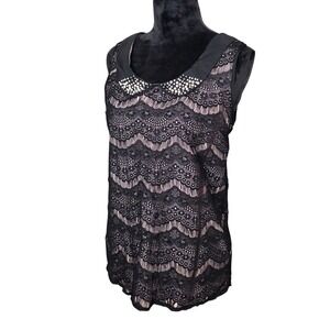 Daniel Rainn Womens Whimsy Goth Sleeveless Lace Top Pearl Collar Blush Black